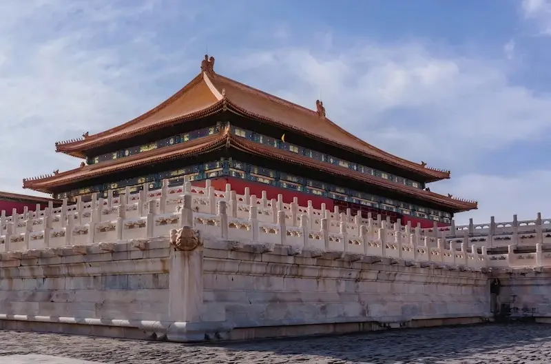 The Hall of Supreme Harmony, with white marble railings in the foreground