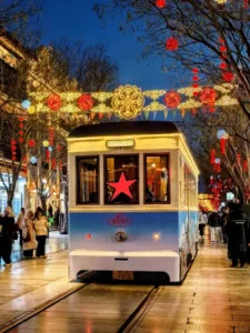 Night view of the train on Qianmen Street