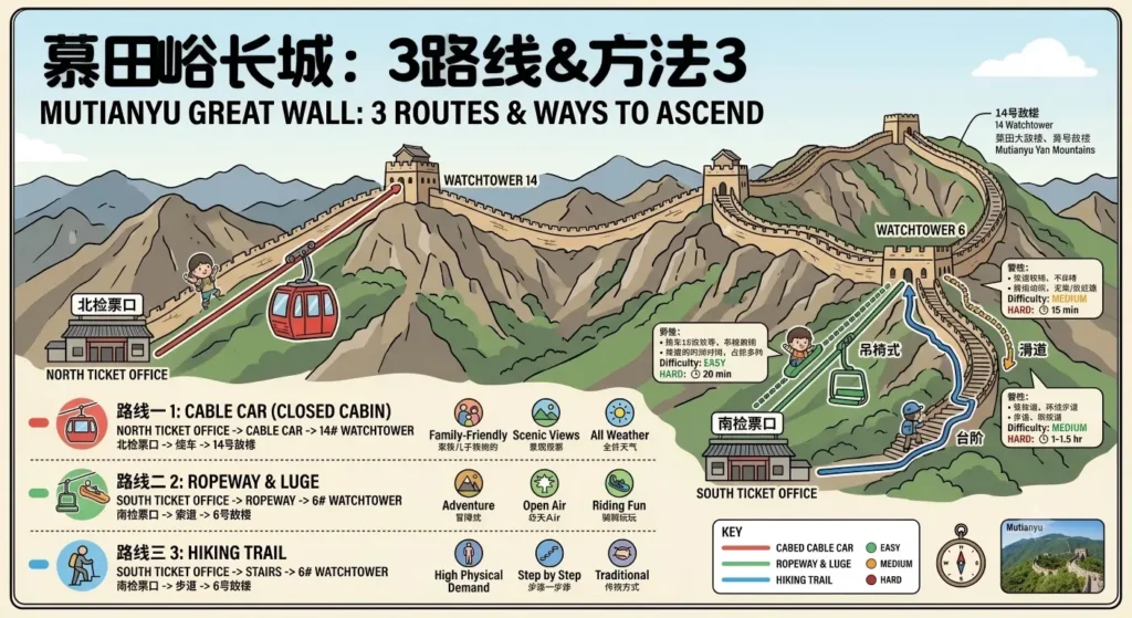 Schematic Diagram of Three Ways to Climb Mutianyu Great Wall