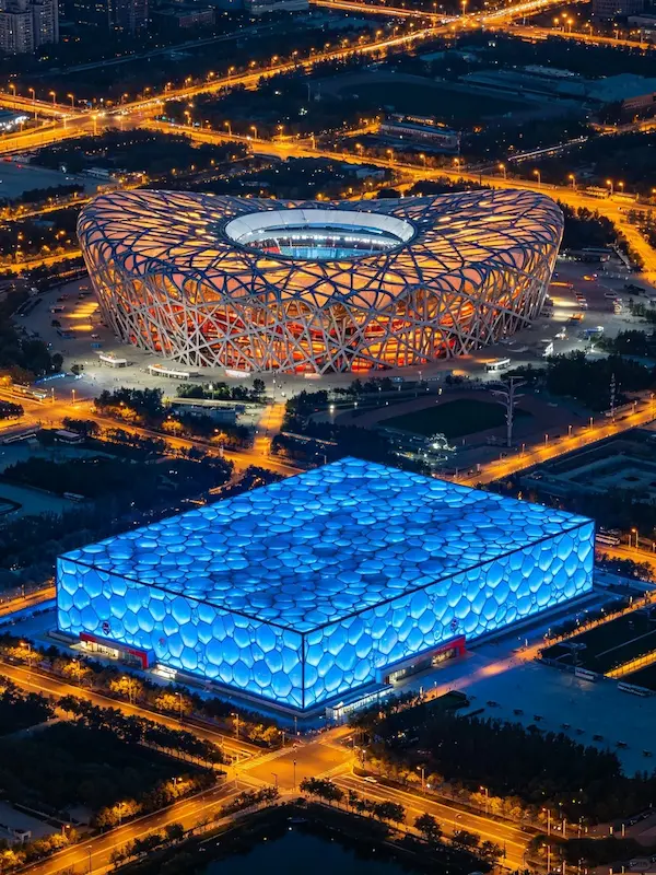 Nighttime Views of the Bird's Nest and Water Cube